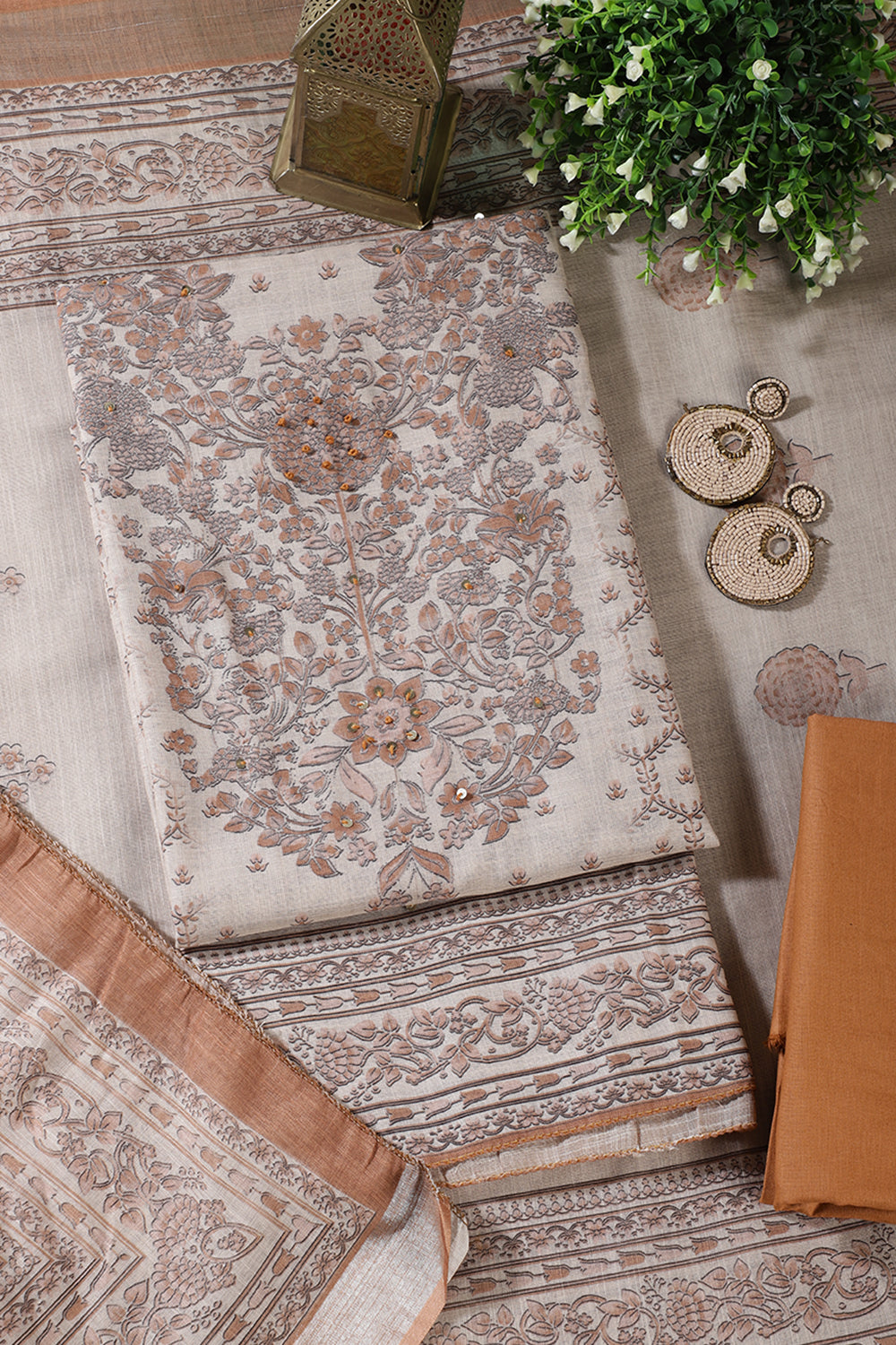 Beige & Brown Floral Printed Unstitched Suit Fabric