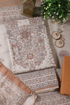 Beige & Brown Floral Printed Unstitched Suit Fabric