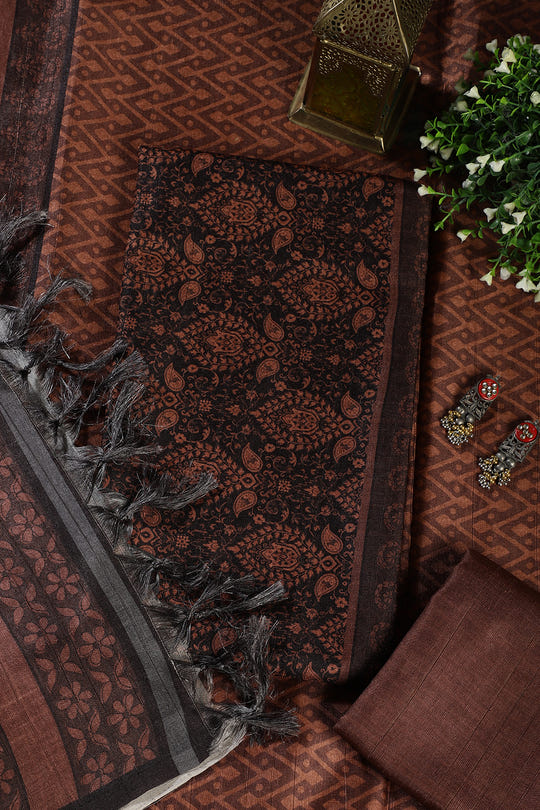 Brown And Black Digital Printed Chanderi Cotton Unstiched Suit Material