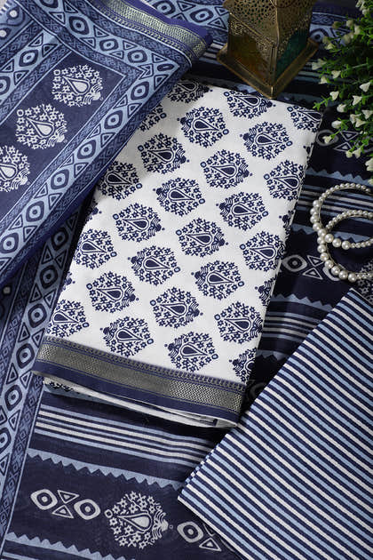 Blue And White Cotton Zari Border & Floral Block Print Unstitched Suit Material