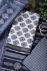 Blue And White Cotton Zari Border & Floral Block Print Unstitched Suit Material