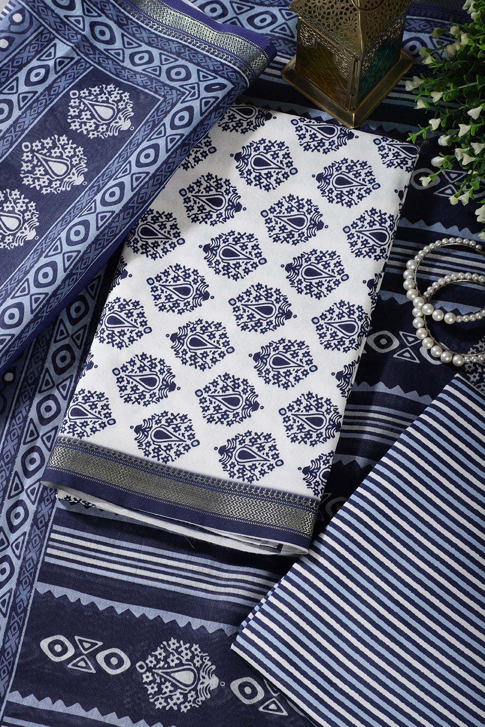 Blue And White Cotton Zari Border & Floral Block Print Unstitched Suit Material
