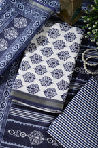 Blue And White Cotton Zari Border & Floral Block Print Unstitched Suit Material