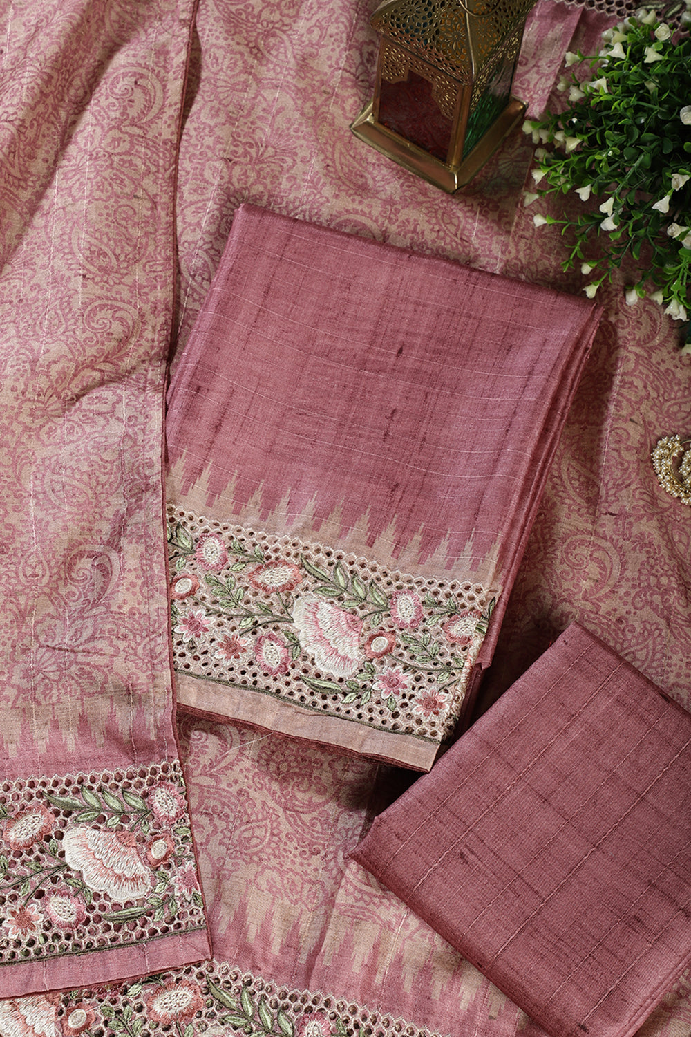 Dusty Pink Tussar Cotton Floral Lace Work Unstiched Suit Material