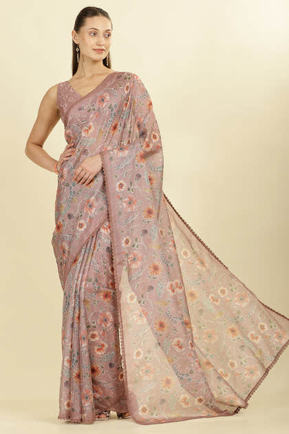 Light Brown Organza Floral Printed And Lace Work Saree