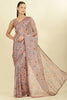 Light Brown Organza Floral Printed And Lace Work Saree