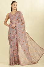 Light Brown Organza Floral Printed And Lace Work Saree