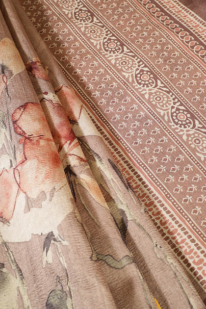 Light Brown Floral Printed Tussar Silk Saree