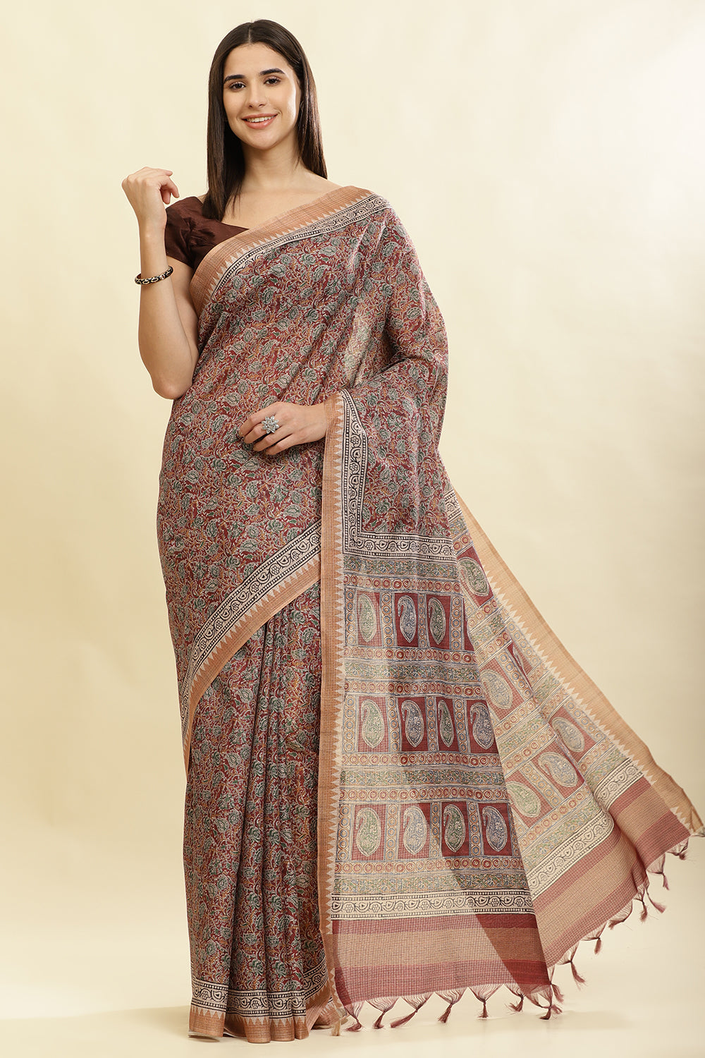 Maroon Cotton Silk Floral Boota Printed Saree