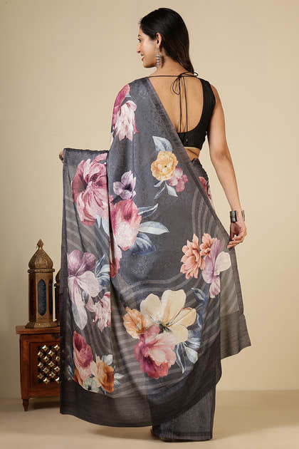 Grey Printed Jacquard Silk Saree