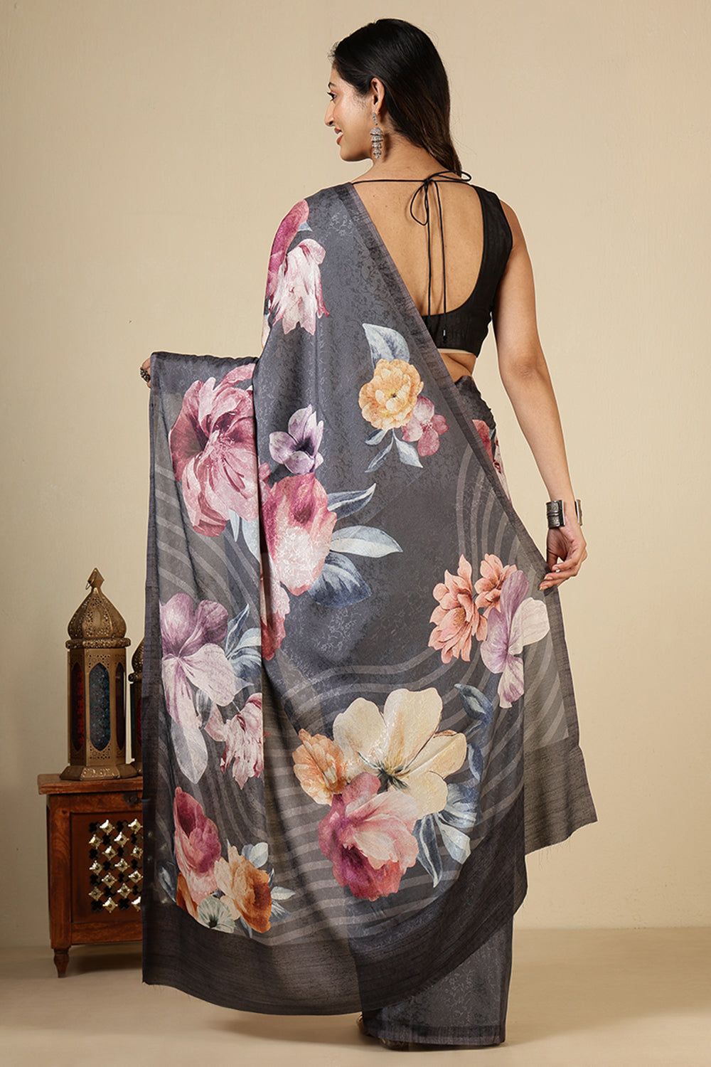 Grey Printed Jacquard Silk Saree