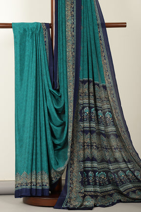 Teal Kashmiri-Inspired Floral Printed Crepe Saree