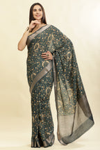 Blue Floral Printed & Zari Border Cotton Silk Saree