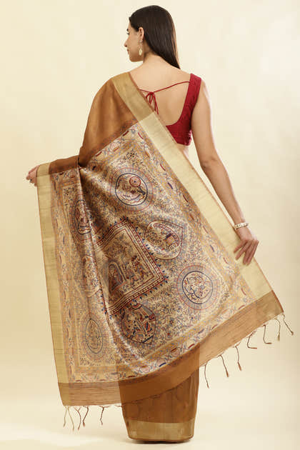 Brown Color Cotton Silk Madhubani Print Saree