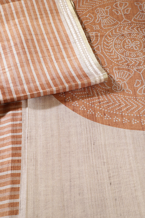 Beige And Mustard Tussar Silk Printed Saree