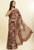 Brown Cotton Silk Floral Printed & Zari Border Saree