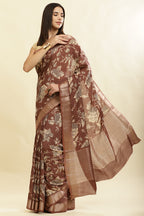 Brown Cotton Silk Floral Printed & Zari Border Saree