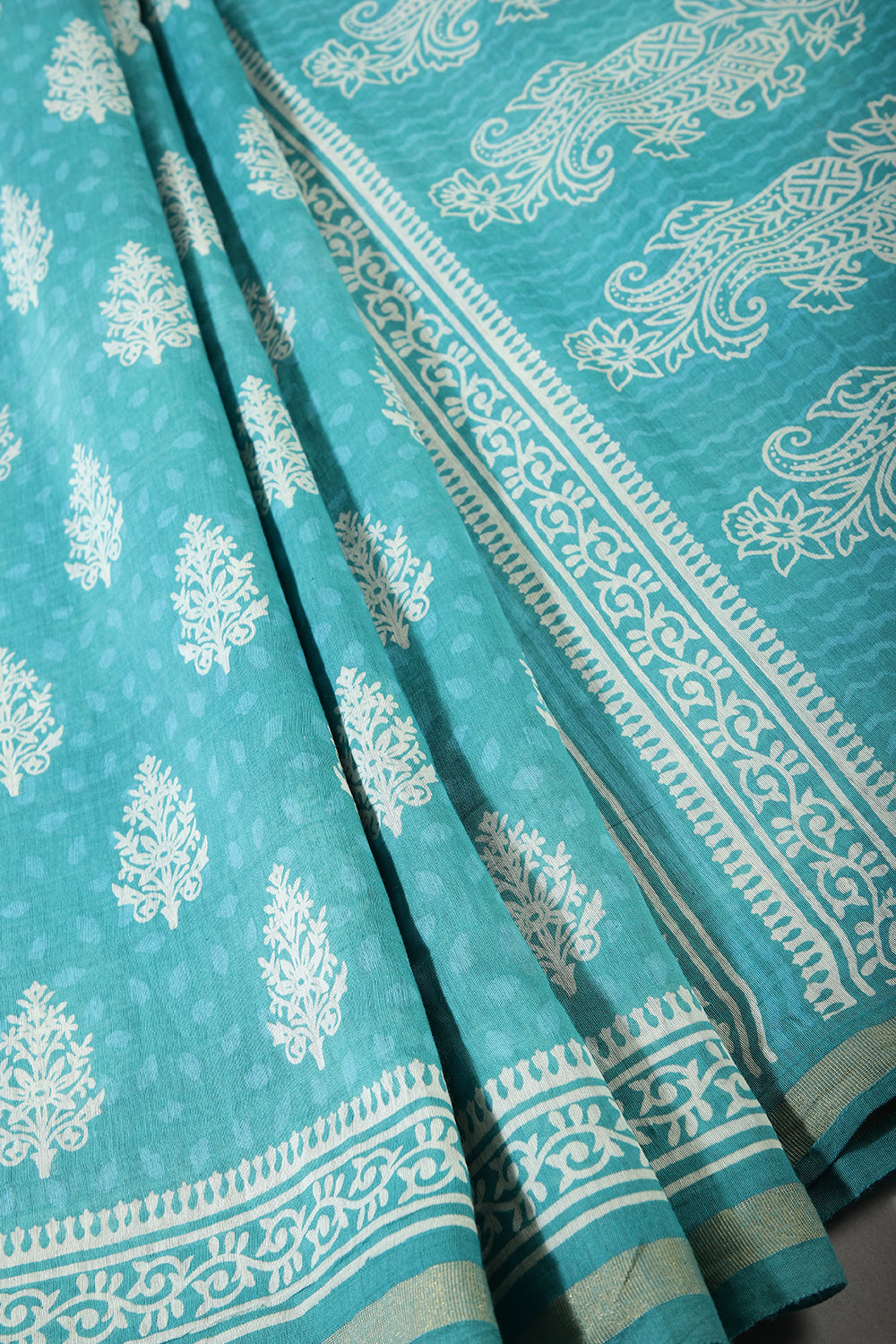 Sea Green Color Cotton Hand-Block Style Printed Saree