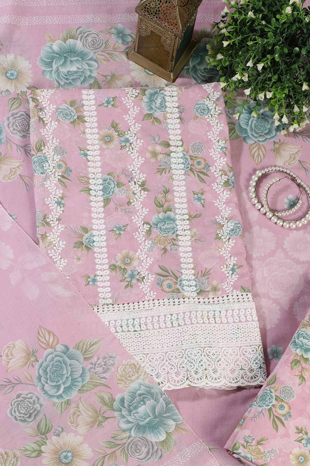 Pink Color Cotton Flower Printed and Lace Work Unstitched Suit Fabric