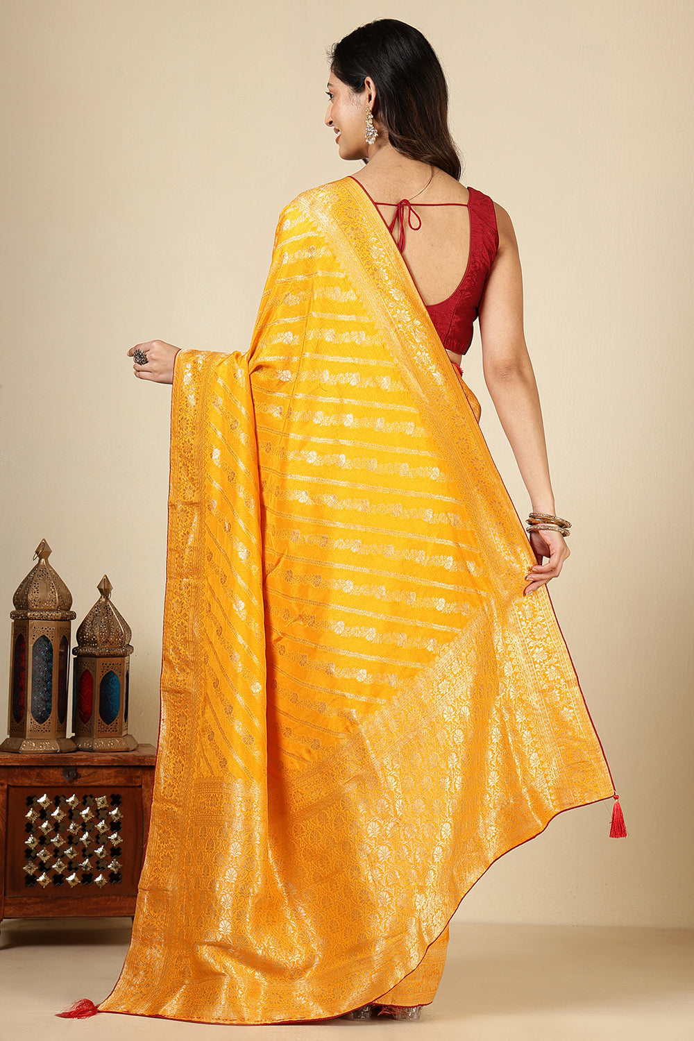 Mustard Color Banarasi Woven Tussar Silk Saree