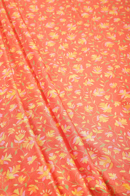 Orange Color Chiffon Floral  Printed & Zari Border Saree