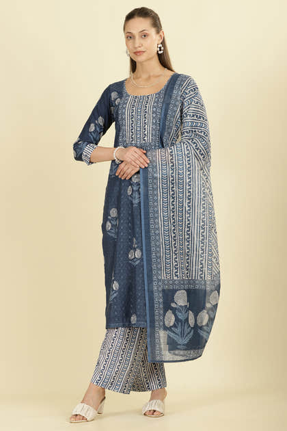 Blue Cotton Hacoba Style Printed Unstitched Suit Material