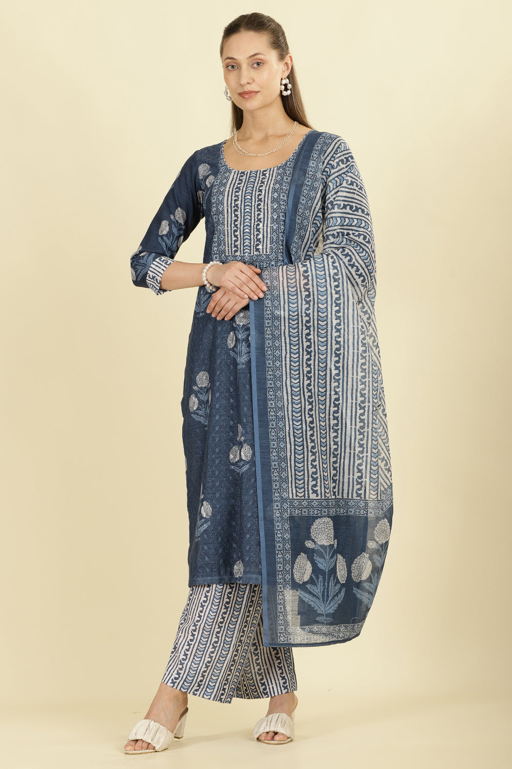 Blue Cotton Hacoba Style Printed Unstitched Suit Material