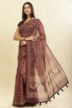 Wine Floral Printed Cotton Silk Saree