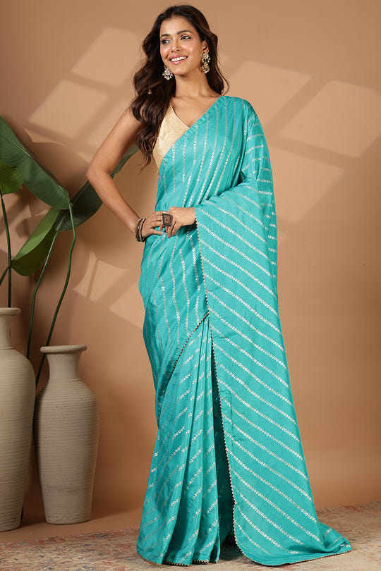 Turquoise  Modal Silk Saree with Zari Pinstripes