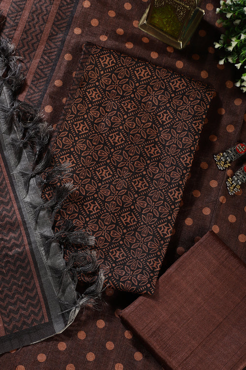 Brown Chanderi Cotton Printed Unstiched Suit Material
