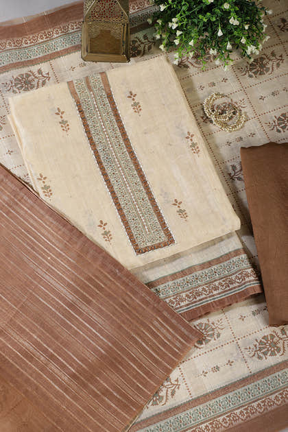 Beige & Brown Chanderi Cotton Floral Printed And Neck Embroidered Unstitched Suit Material Unstitched Suit Fabric