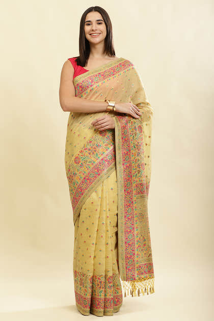 Light Mustard Chanderi Cotton kashida Weaves Saree