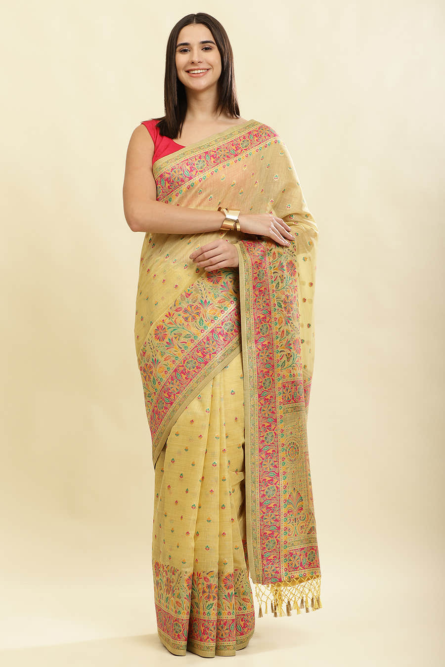 Light Mustard Chanderi Cotton kashida Weaves Saree