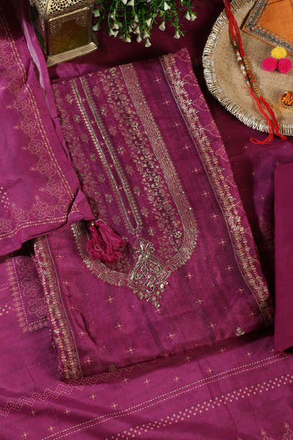 Purple Silk Zari Woven And Bandhani Printed Unstitched Suit Fabric