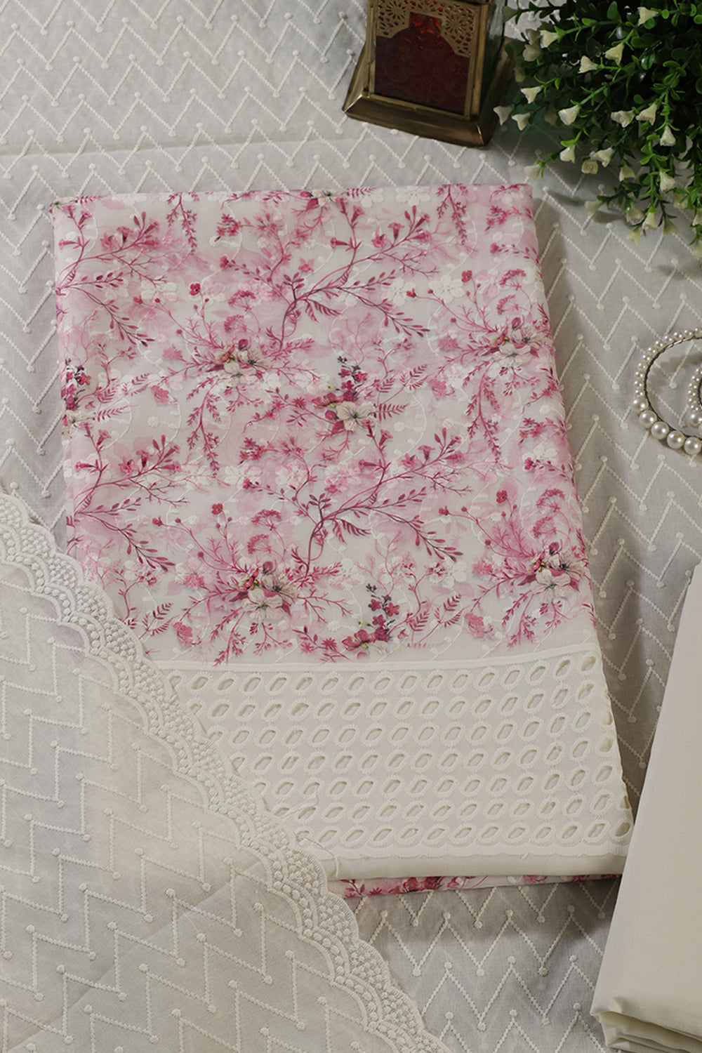 Cream & Pink Cotton Chikankari Work Floral Printed Unstitched Suit