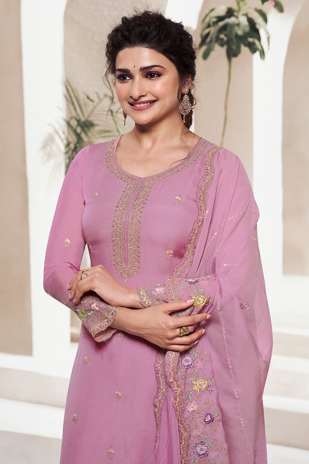 Dusty Pink Color Organza Embroidered Unstitched Suit Material