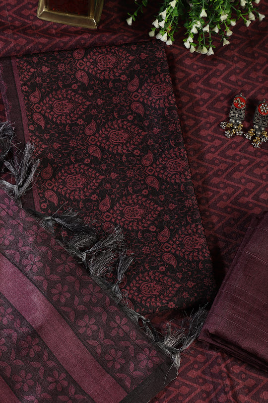 Wine And Black Digital Printed Chanderi Cotton Unstiched Suit Material