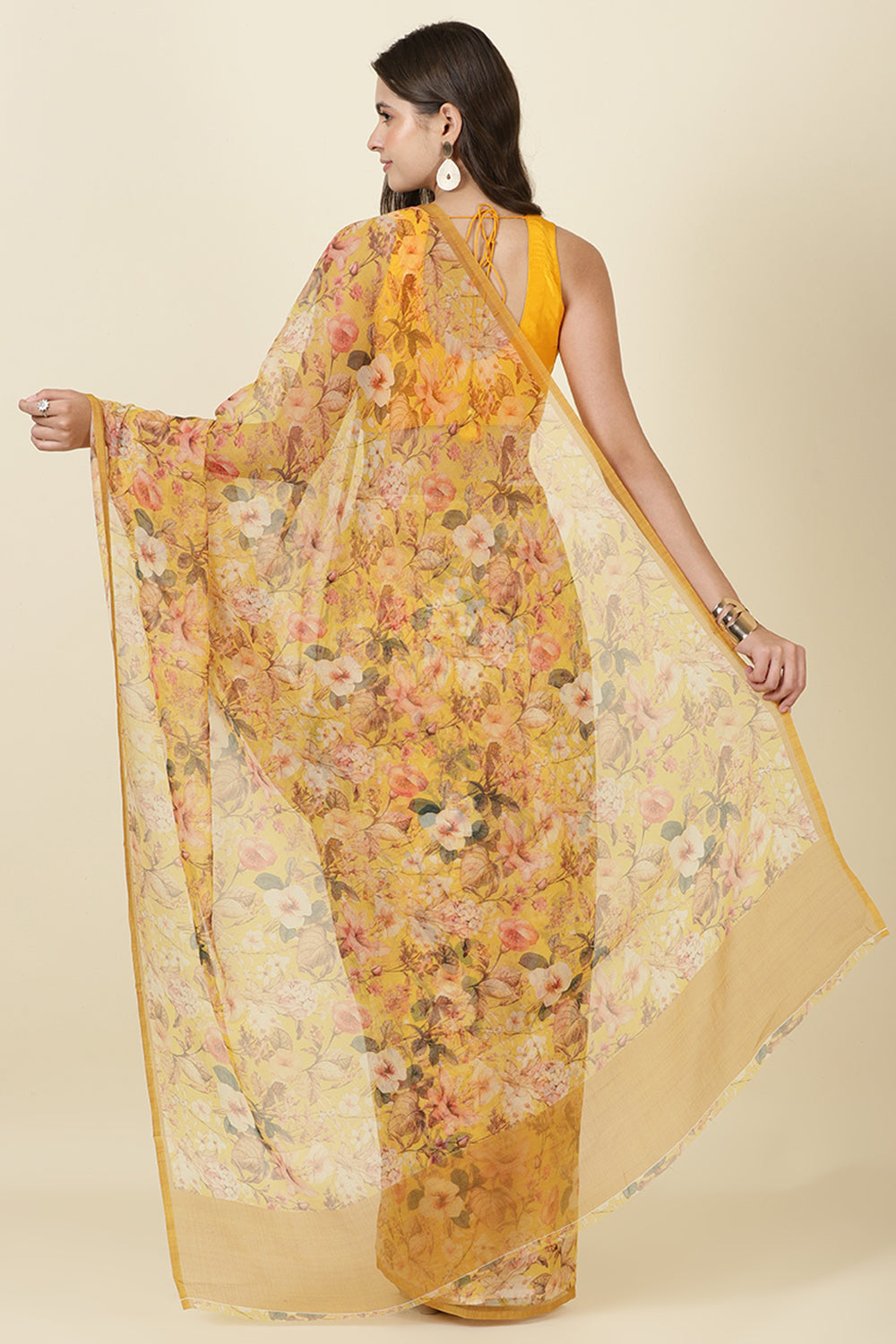 Mustard Floral Printed Chiffon Saree