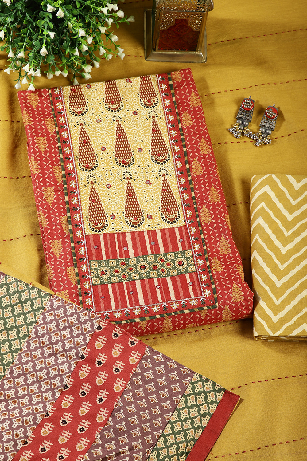 Maroon & Mustard Color Twill Cotton Printed Unstitched Suit Material