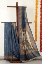 Blue Madhubani Printed Tussar Silk Saree