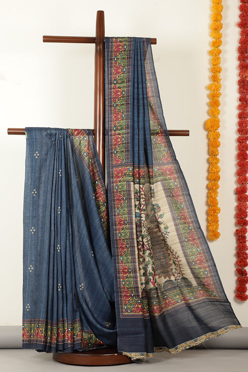 Blue Madhubani Printed Tussar Silk Saree