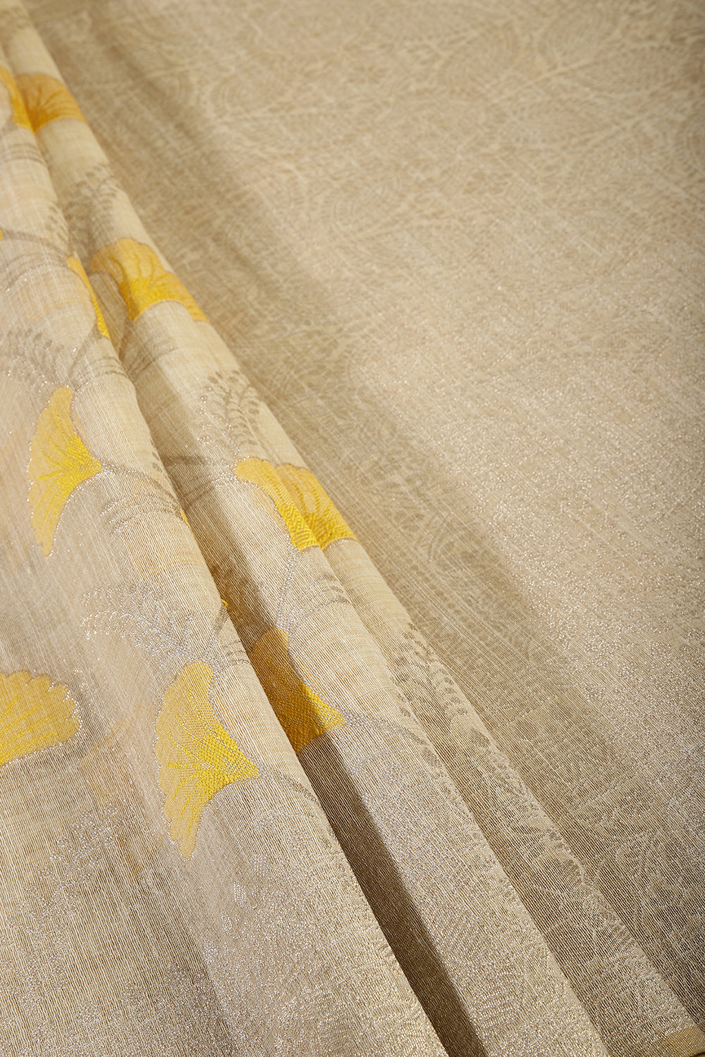 Beige & Mustard Color Chanderi Cotton Zari Woven Saree