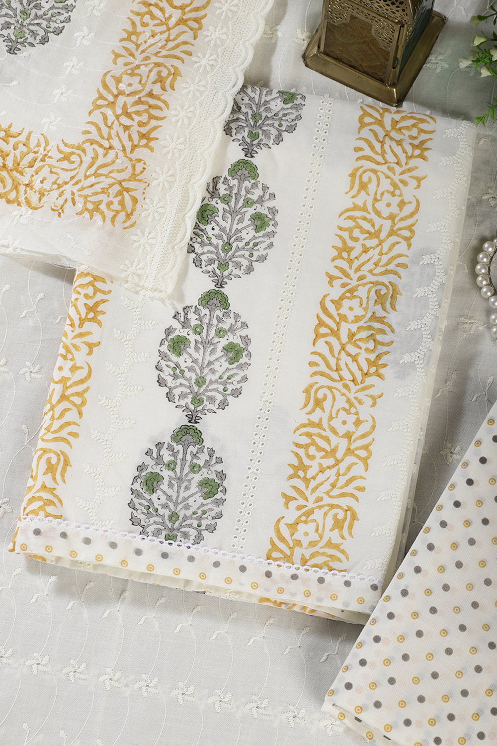 Cream & Mustard Printed And Resham Embroidered Unstitched Suit Fabric