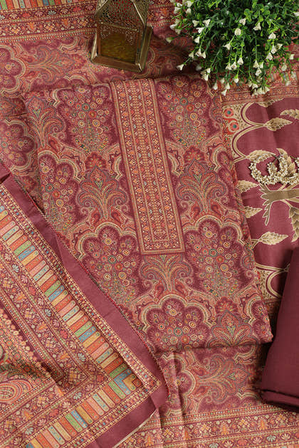 Wine Colour Pashmina Digital Printed Unstitched Suit Fabric