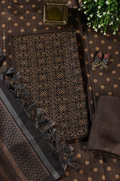 Mehandi & Black Chanderi Cotton Printed Unstiched Suit Material