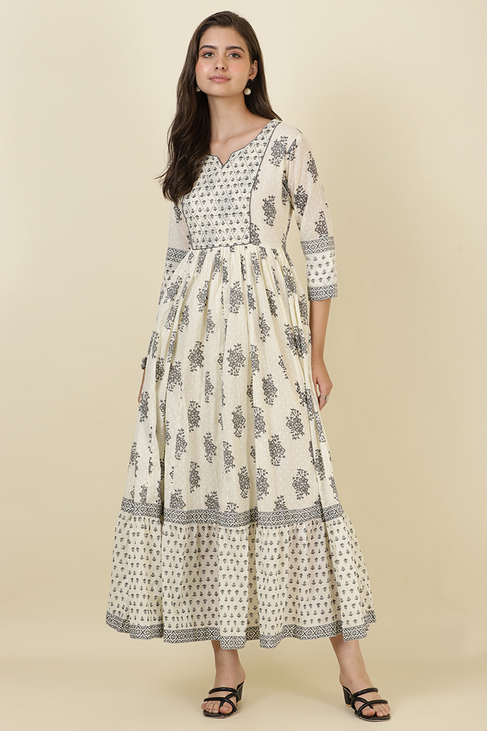 Cream & Grey Cotton Printed (Peonies) Anarkali Kurti