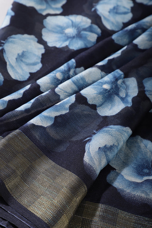 Blue Chiffon Floral Printed Saree