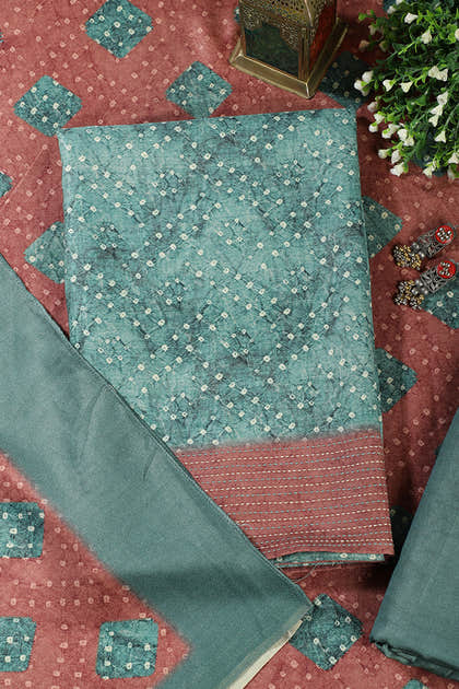 Teal Green Spun Bandhani Printed Unstitched Suit Fabric