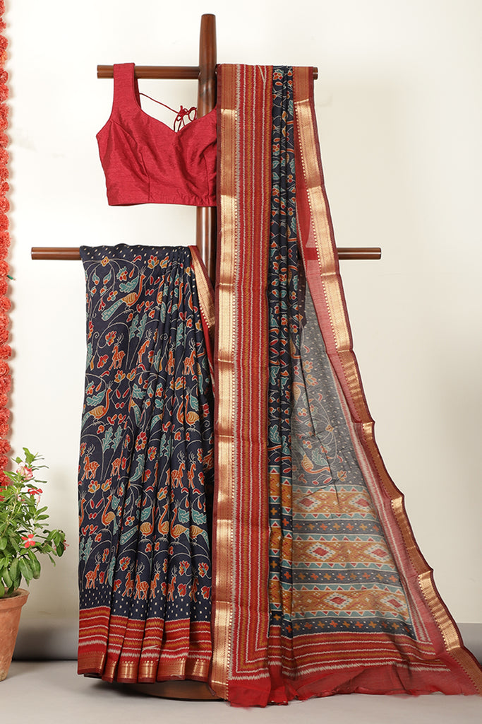 Navy Kalamkari Printed Cotton Saree