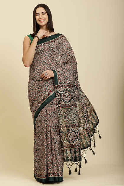 Bottle Green Cotton Silk Ajrakh Block Printed Saree